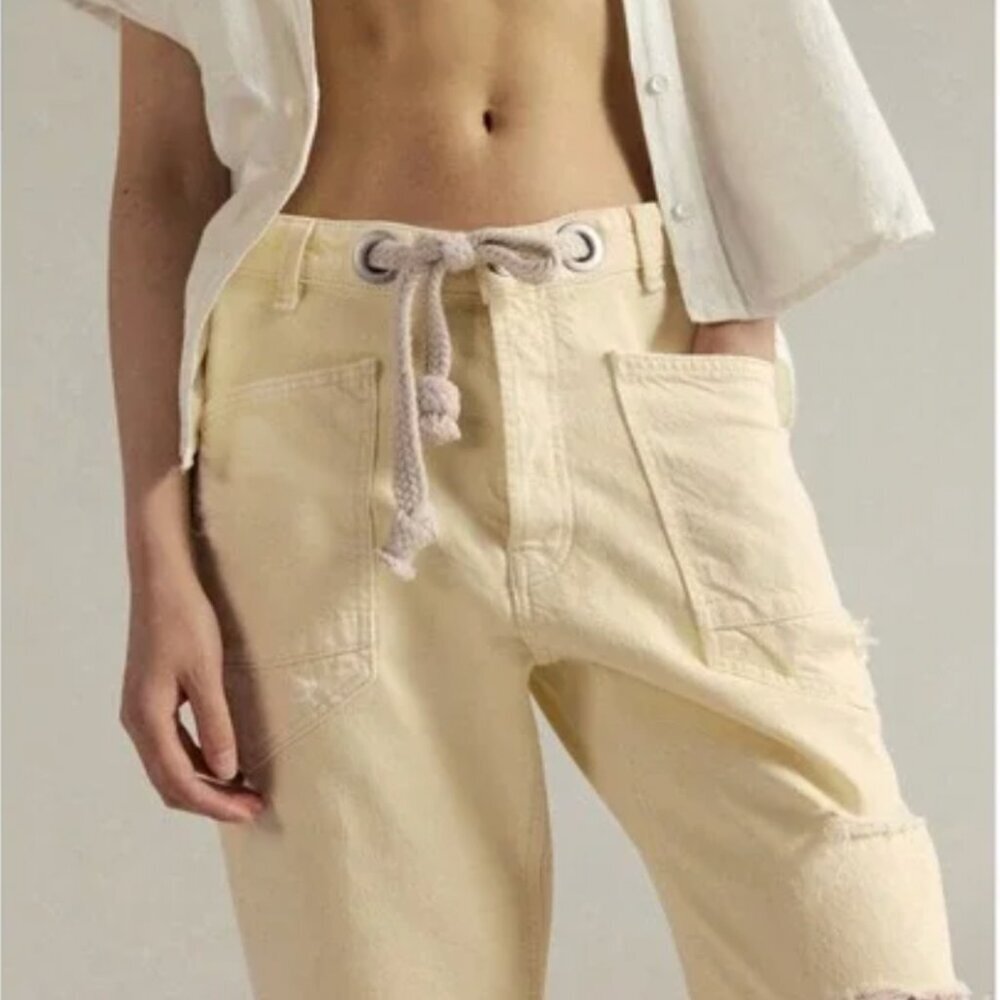 Free People We the Free Moxie Pull on Barrel Jean Lemon Butter Yellow Pant - Picture 2 of 5